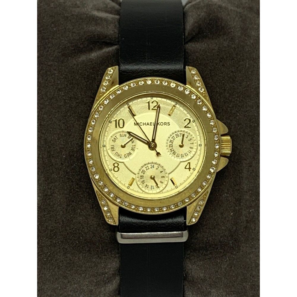 Michael Kors MK5639 Women Black Leather Analog Gold Dial Quartz Wrist Watch W202